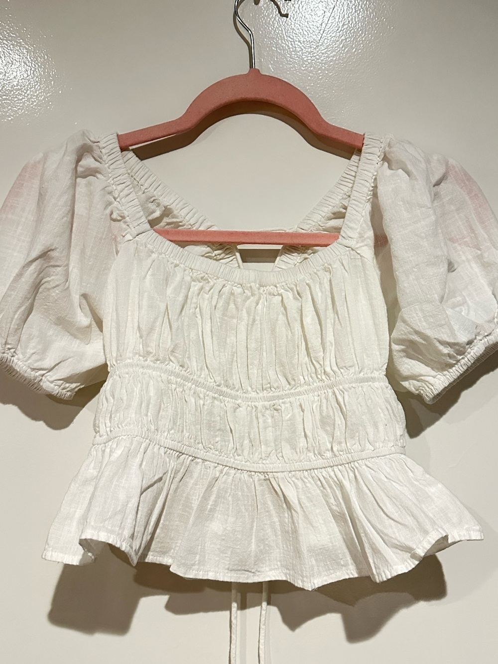 By Together Cream Smocked Puff-Sleeve Peplum Top